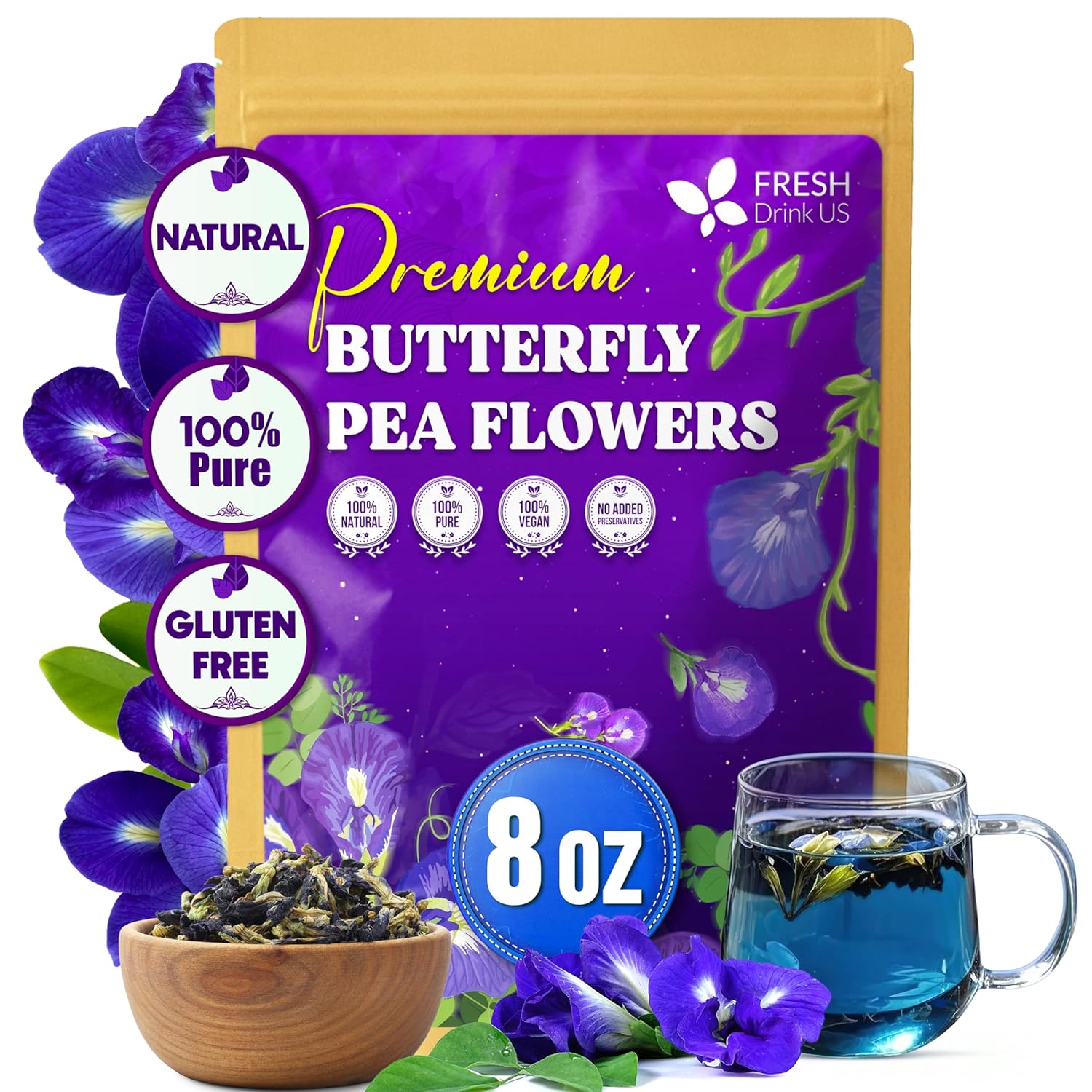 Premium Butterfly Pea Flowers, Tea Bags, 100% Natural and Pure from Butterfly Pea Flowers, Hand-made, Made With Natural Materials-Corn Fiber Tea Bag, Sugar/Caffeine/Gluten Free