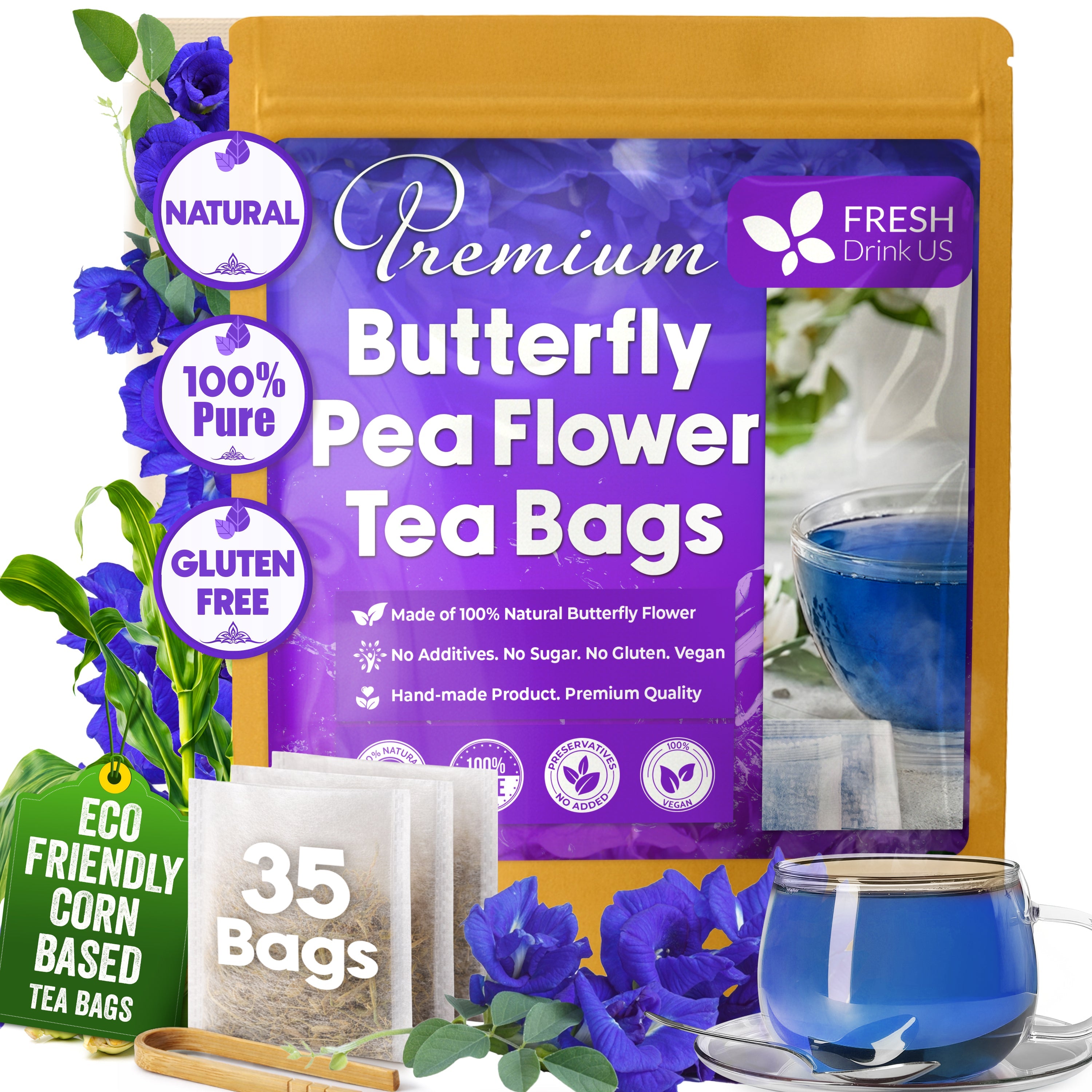 Premium Butterfly Pea Flowers, Tea Bags, 100% Natural and Pure from Butterfly Pea Flowers, Hand-made, Made With Natural Materials-Corn Fiber Tea Bag, Sugar/Caffeine/Gluten Free